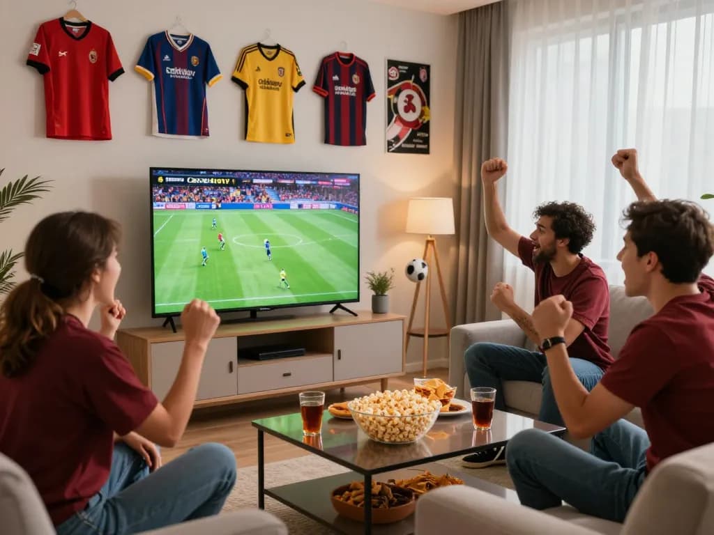 Cakhiatv football fans enjoying a live match in a cozy living room, surrounded by snacks and drinks.