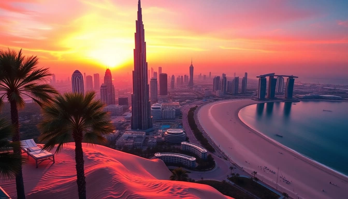 Explore stunning sights as you travel to Dubai, featuring the Burj Khalifa at sunset.