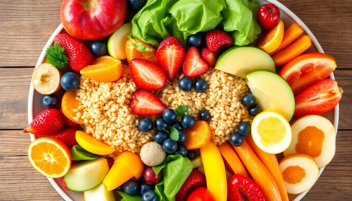 Colorful healthy food platter showcasing fresh fruits, vegetables, and grains.