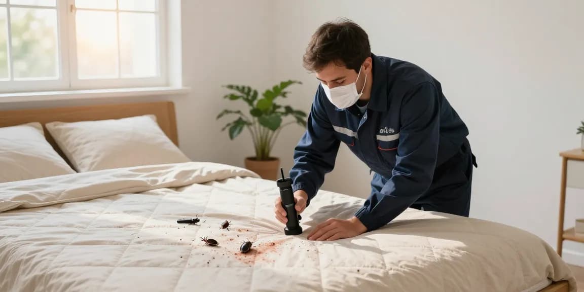 Bed bug heat treatment by a professional technician inspecting a bed for signs of infestation.