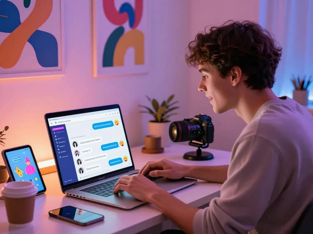 Dynamic user engaging with AI NSFW chat platform in creative workspace.