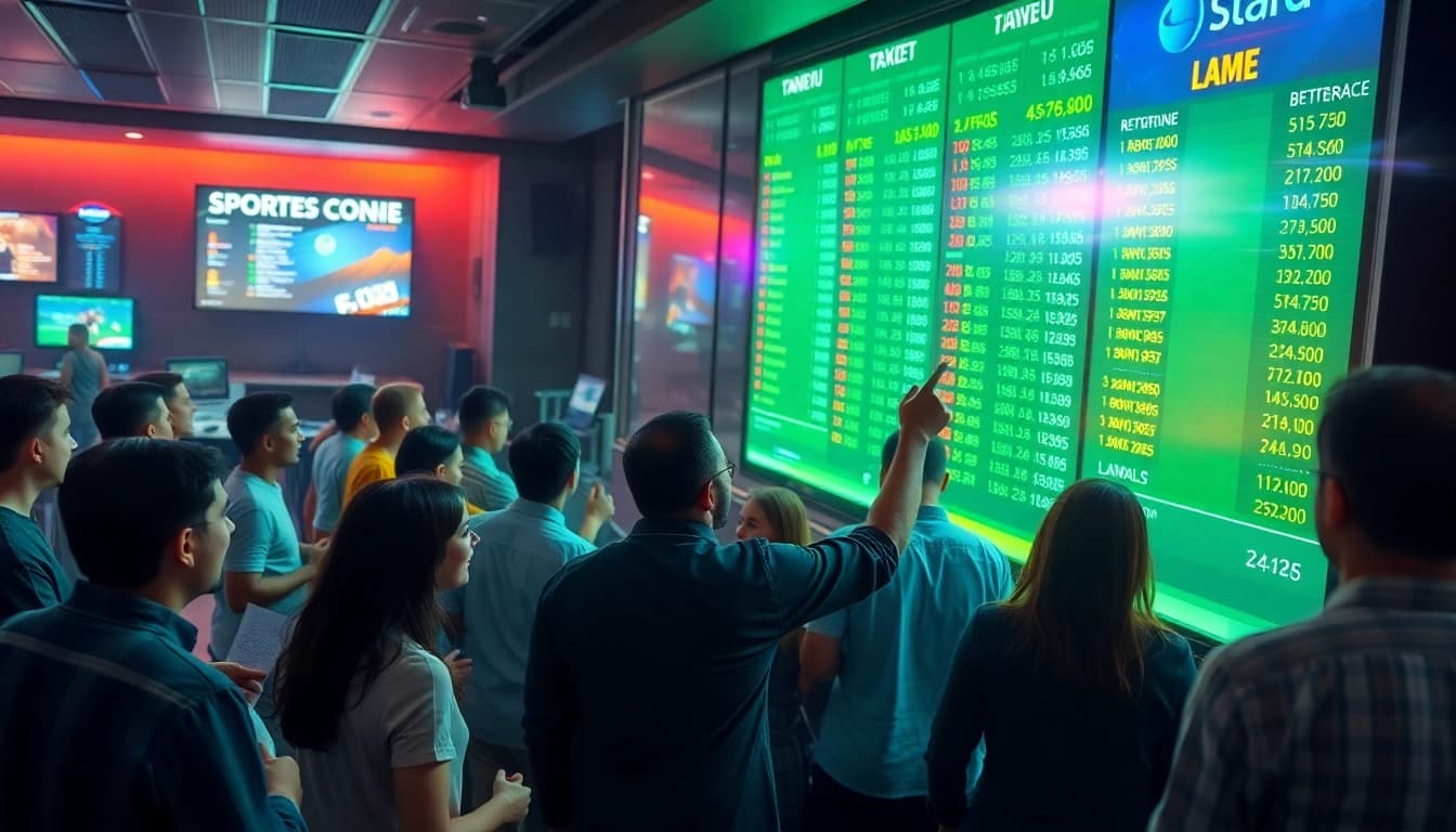 An engaging and vibrant sports betting lounge showcasing tỷ lệ cá cược on digital screens, illustrating excitement and community.