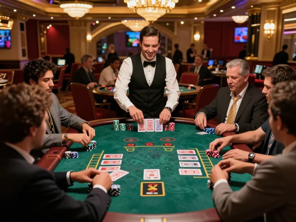Players engaging in an exciting blackjack game at a Vegas casino with 7m1 on the table, showcasing strategic betting and high-stakes atmosphere