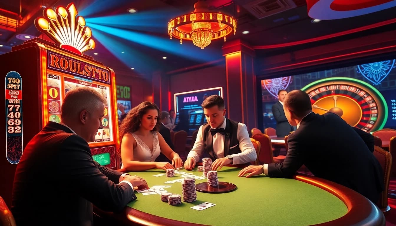 Experience thrilling casino action with players at a poker table, celebrating wins at https://bancaonline88.com/.