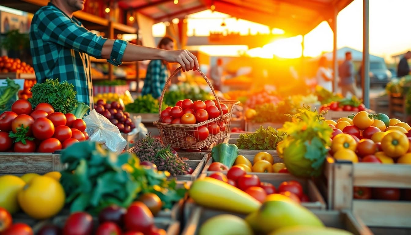 Explore a lively healthy food market showcasing vibrant fruits and vegetables.