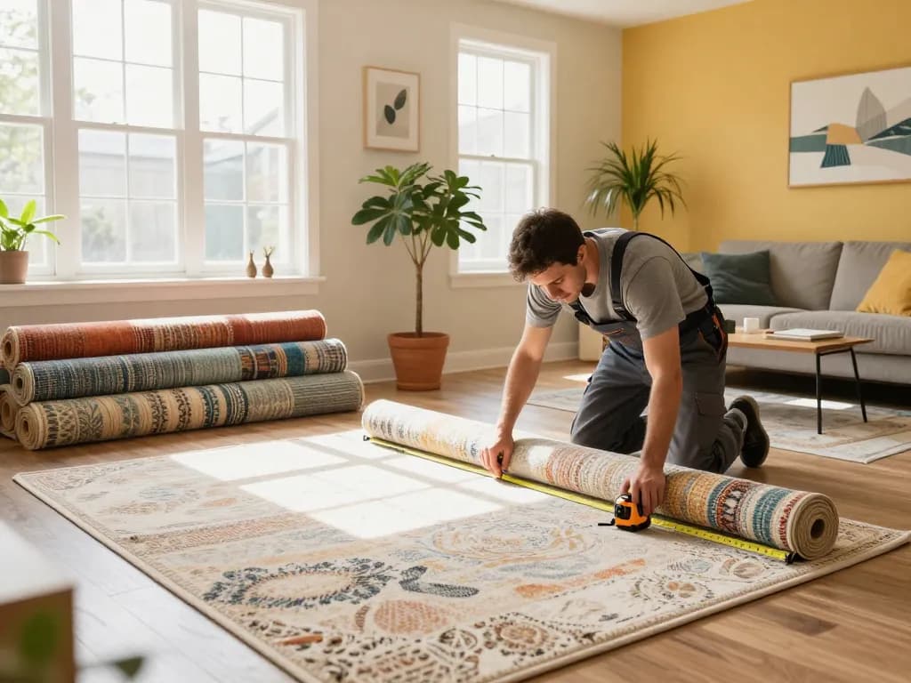 Professional installing bright carpet during residential carpet installation in a modern living room.
