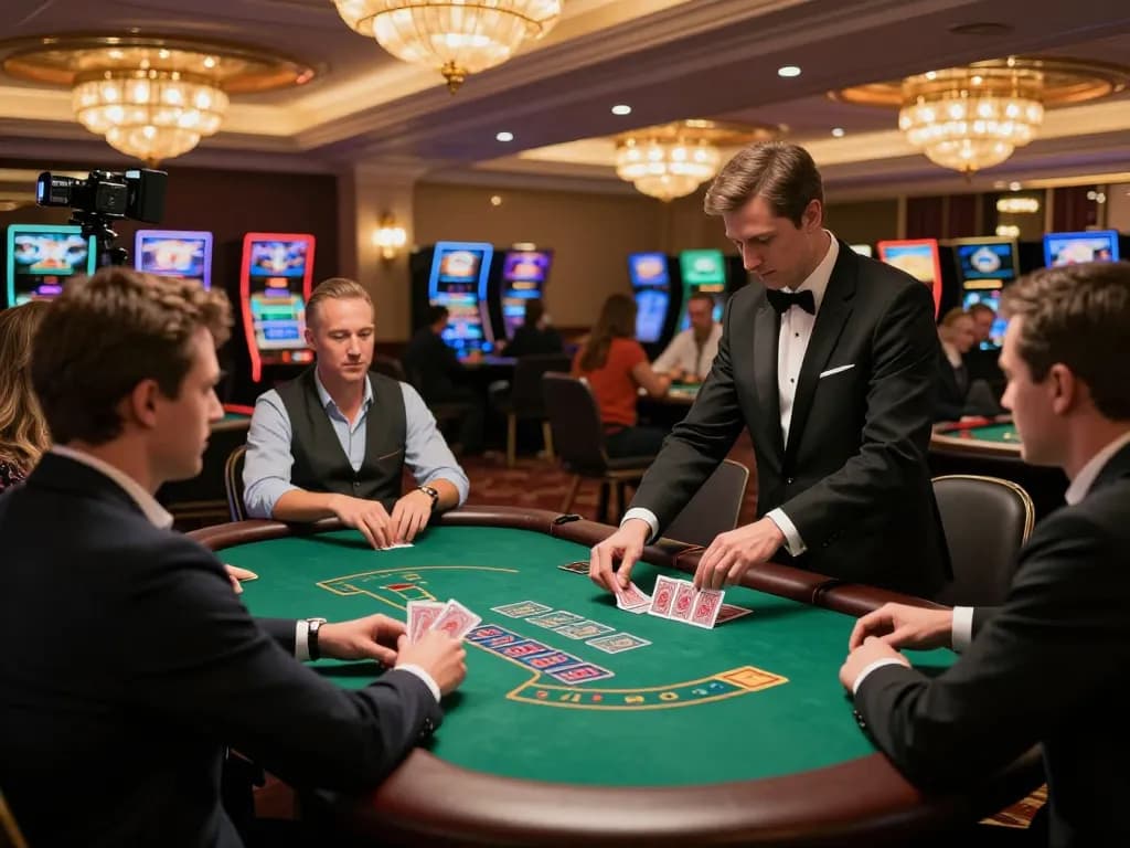 Players at f8bet com enjoying an exciting blackjack game at a luxurious casino.