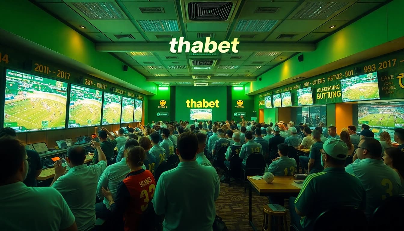 Create a thrilling sportsbook atmosphere featuring thabet sports betting excitement and live events.