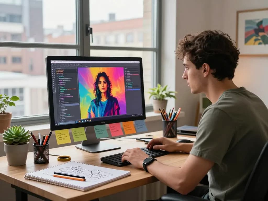 AI artist utilizing the image prompt generator in a vibrant creative workspace with art supplies.
