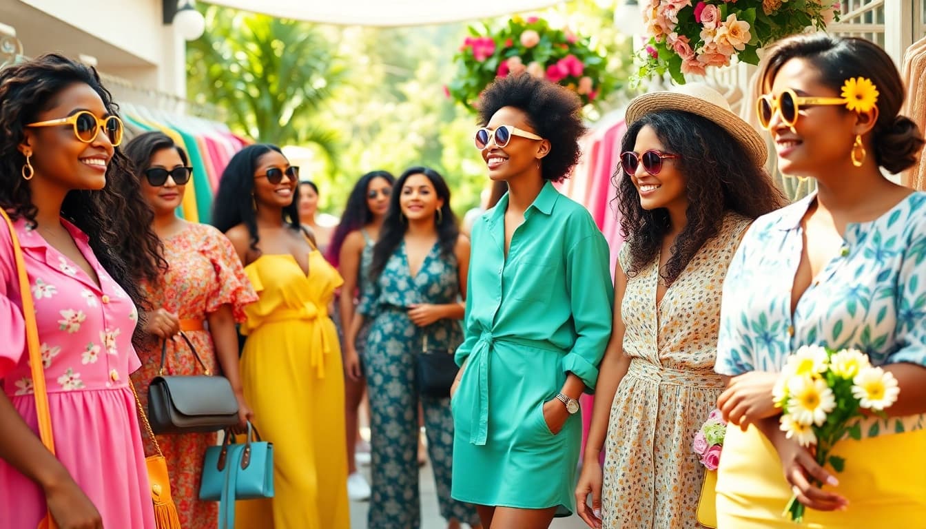 Explore trendy summer outfits that define contemporary Women Fashion with vibrant colors and joyful expressions.