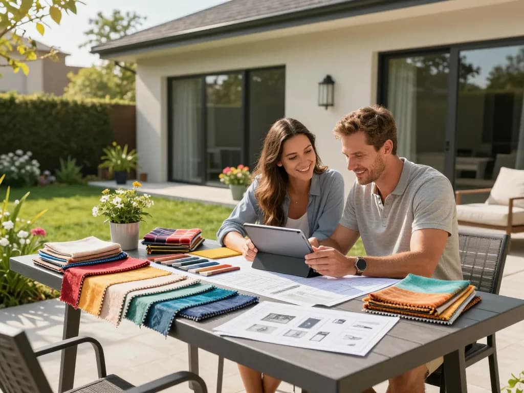 Couple using a veranda configurator to design their outdoor living space.