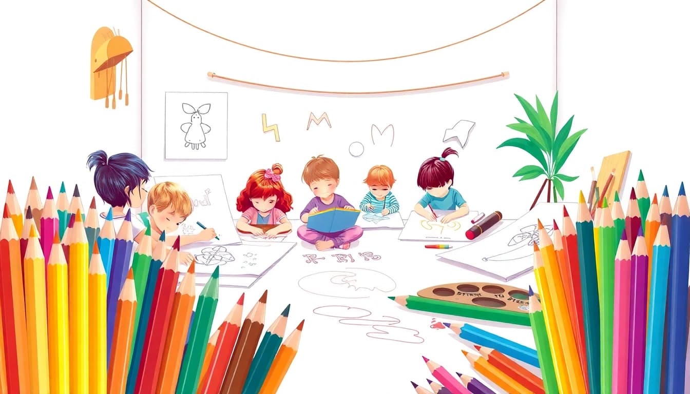 Kids colouring pencils displayed by children joyfully creating colorful drawings.