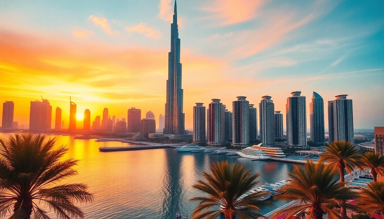 Experience Dubai’s skyline at sunset, evoking luxurious travel to Dubai with vibrant colors and stunning architecture.