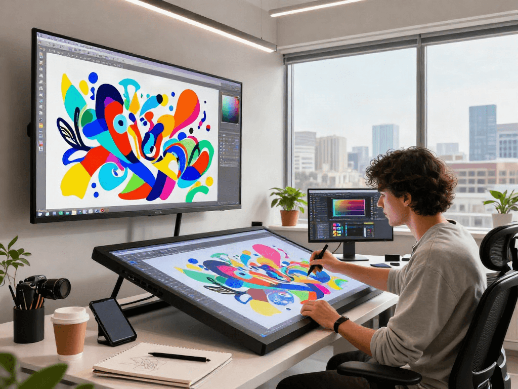 Artist in digital studio creating nsfw abstract art on a tablet.