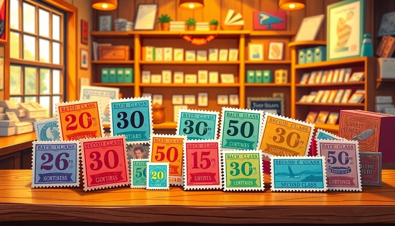 Explore vibrant and unique discounted second class stamps displayed invitingly in a charming post office setting.