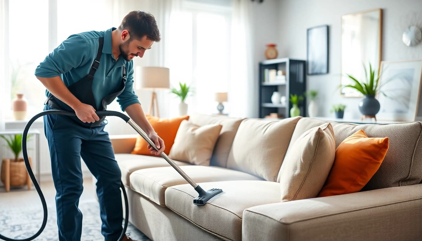 Couch cleaning in Glasgow: Expert cleaning of a plush sofa in a bright, modern living room.