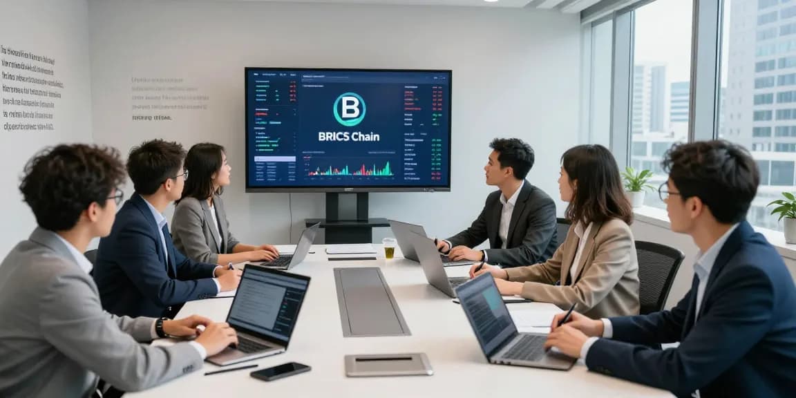 Invest in BRICS coins discussion among diverse investors in modern conference room with market trends displayed.