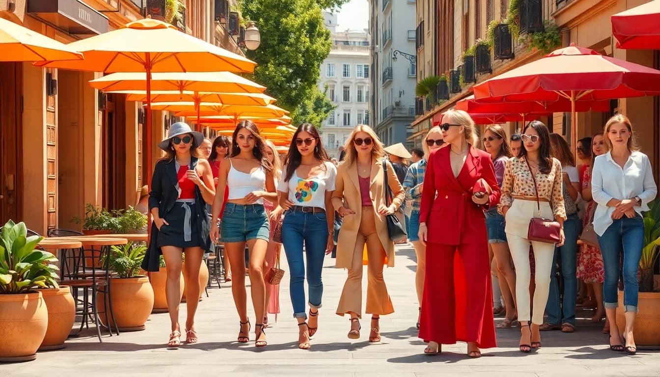 Discover women fashion trends in a vibrant street café scene with diverse styles.
