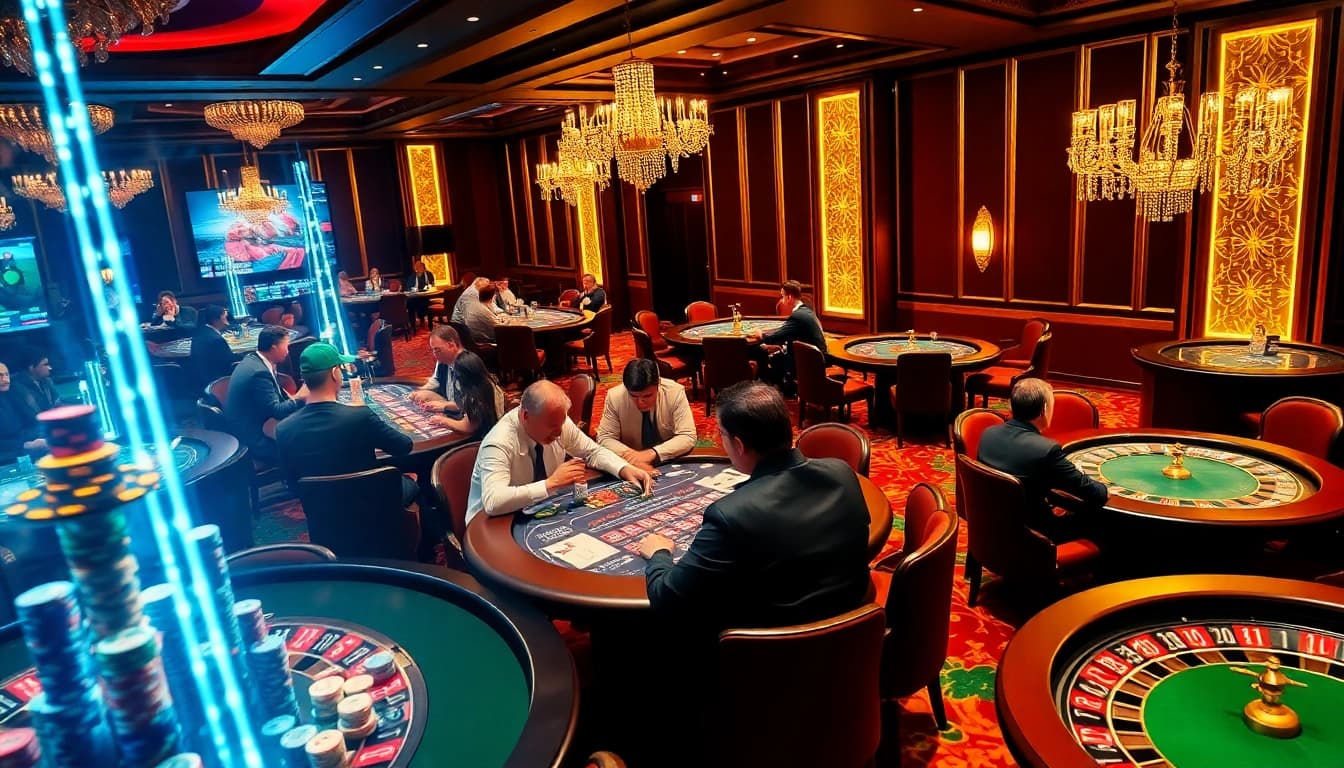 dabet tv features a thrilling poker game in a luxurious casino setting with chips and cards in action.