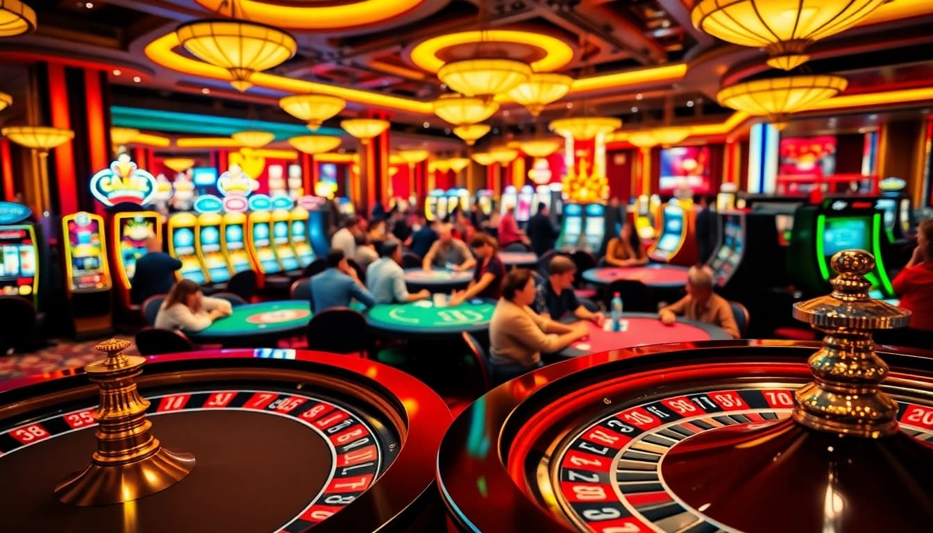 Visitors enjoying various gambling activities like poker and slots at https://nhacaiuytin.place/, highlighting the excitement of casino life.