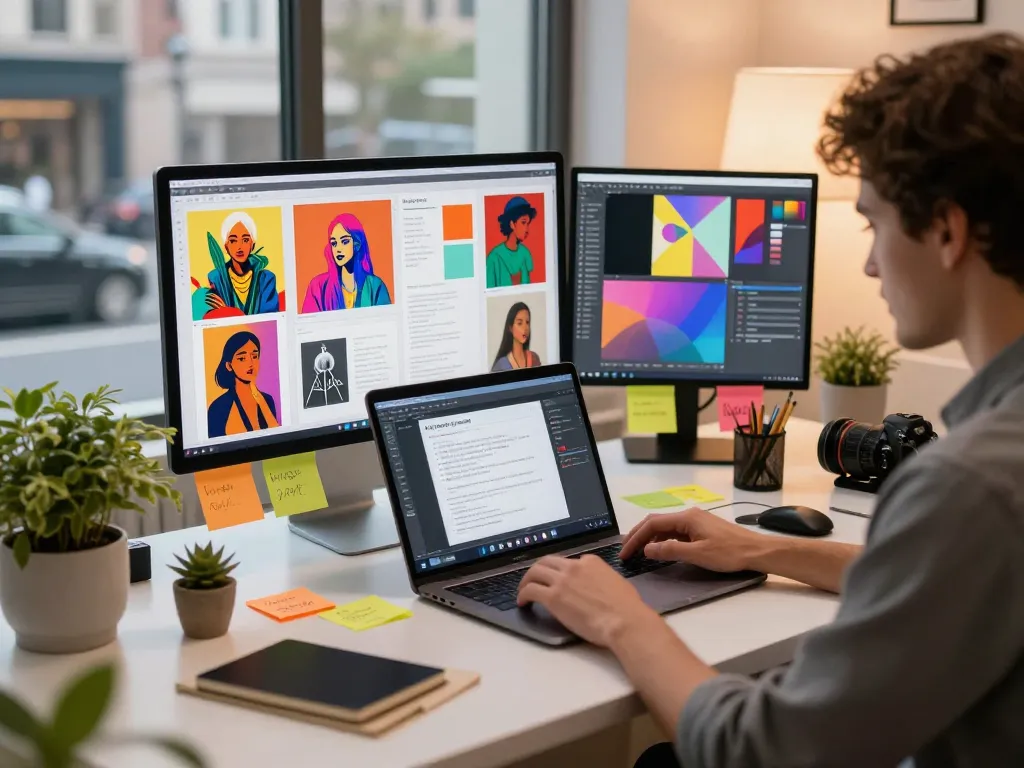 Creative professional generating AI prompts from images using the image to prompt tool in a vibrant workspace.