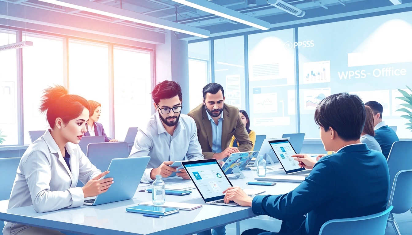 现代办公室中的动态协作场景，展示 WPS Office 应用正在使用中 - wps官网。