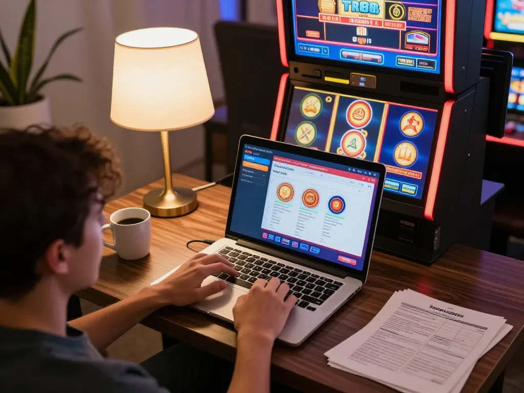 Player engaging with TR88 online casino setup showcasing excitement in a cozy home setting.