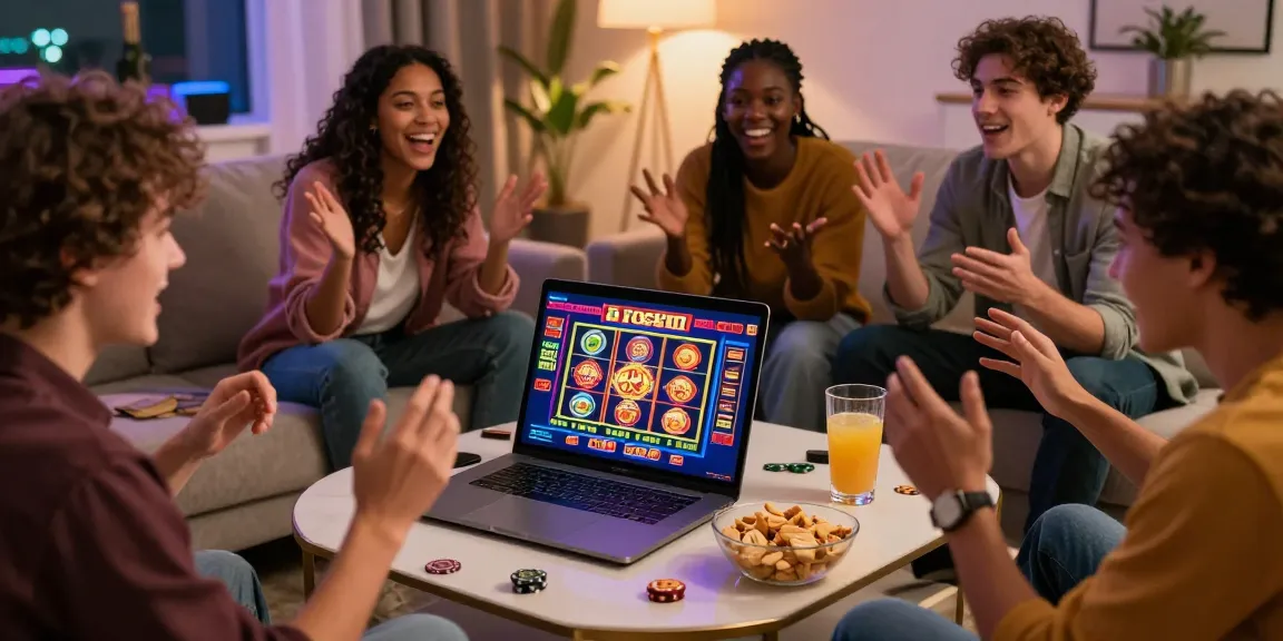 Friends enjoying an online gambling session at a non-UK casino site, exploring https://rcnhca.org.uk in a cozy living room.