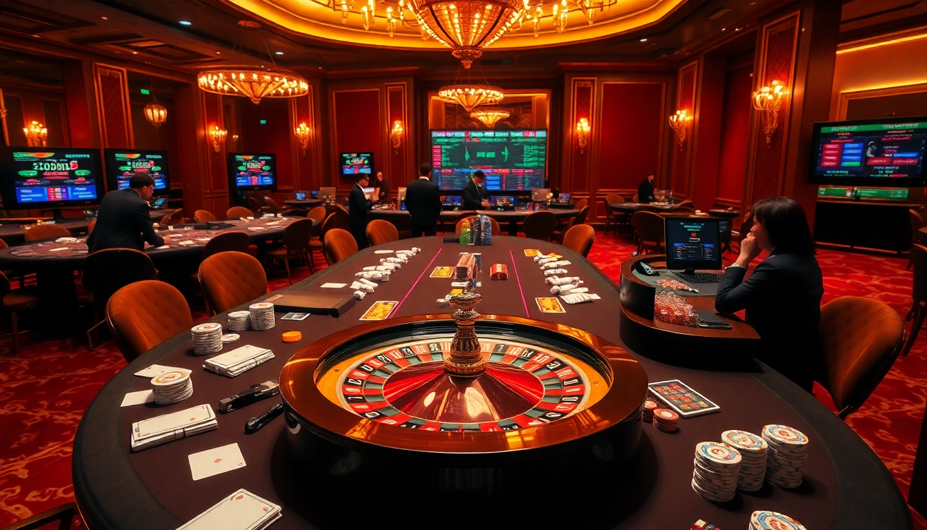 Players engaged in thrilling gambling action at https://tylebongdatructuyen.org/, showcasing cards, chips, and roulette.