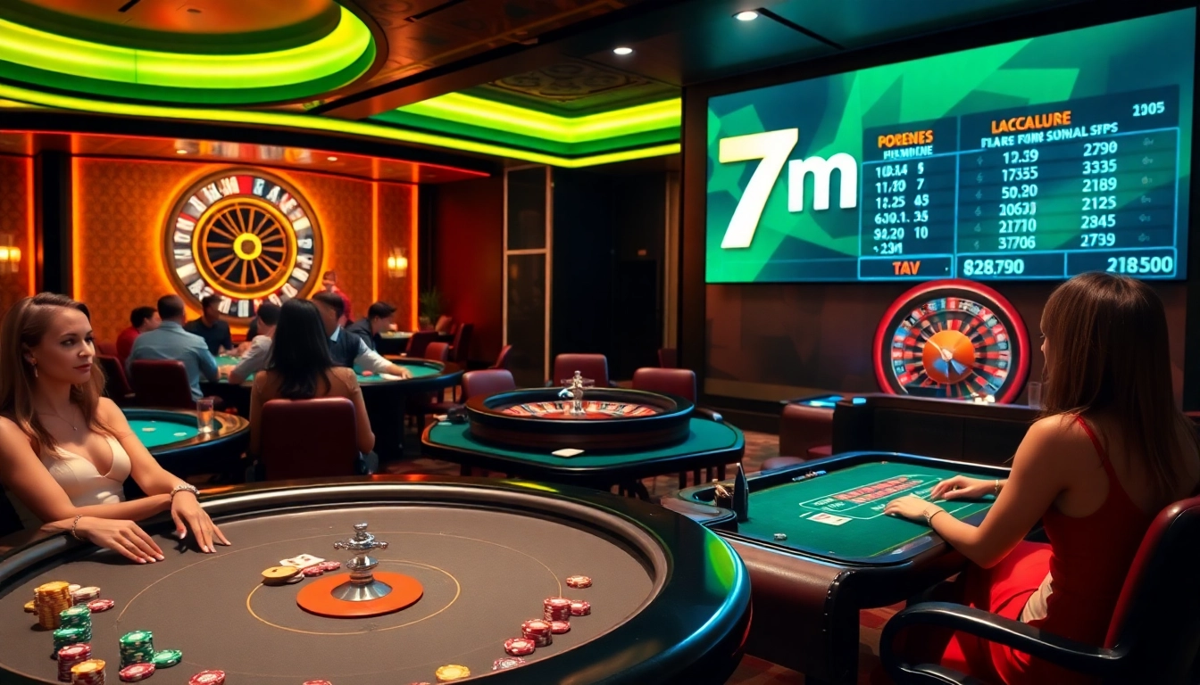 Elevated gaming scene at a casino featuring "7m" branding, poker chips, and roulette, showcasing excitement.