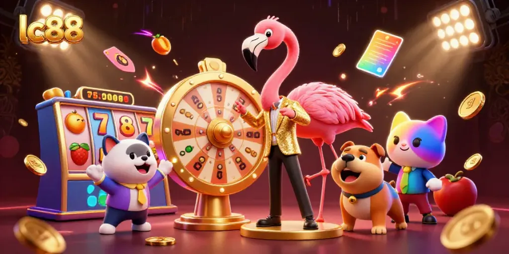 Exciting lc88 casino promotional illustration showing a flamingo host, bulldog contestant, and a cat scoreboard assistant.