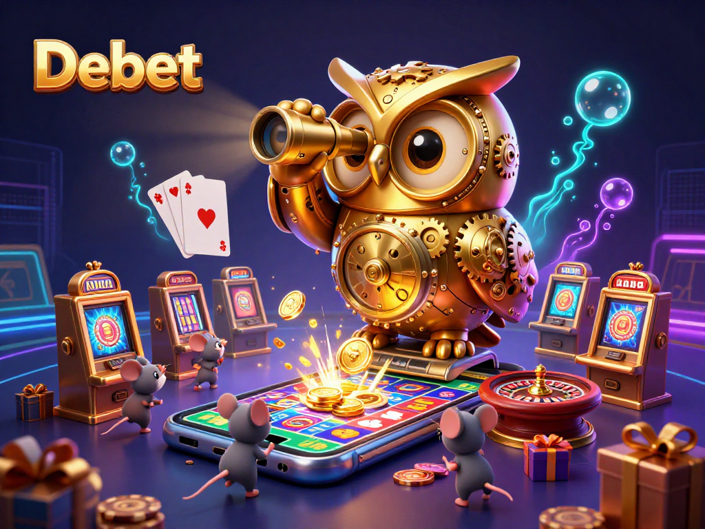 Experience the thrilling casino scene with Debet's golden owl and whimsical game elements.