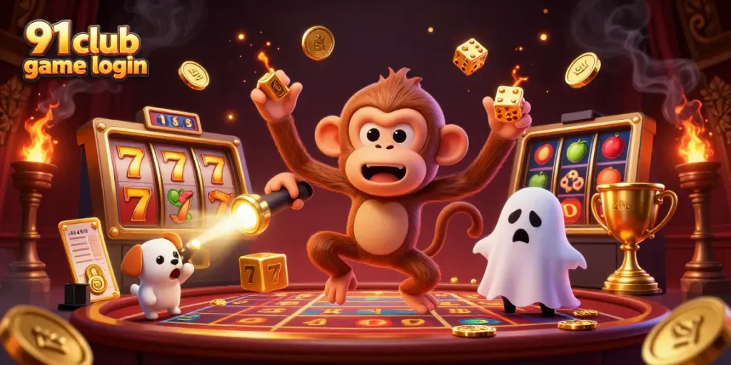 Discover the exciting world of 91 club game login with an illustration of a poltergeist monkey juggling golden coins in a dynamic casino.