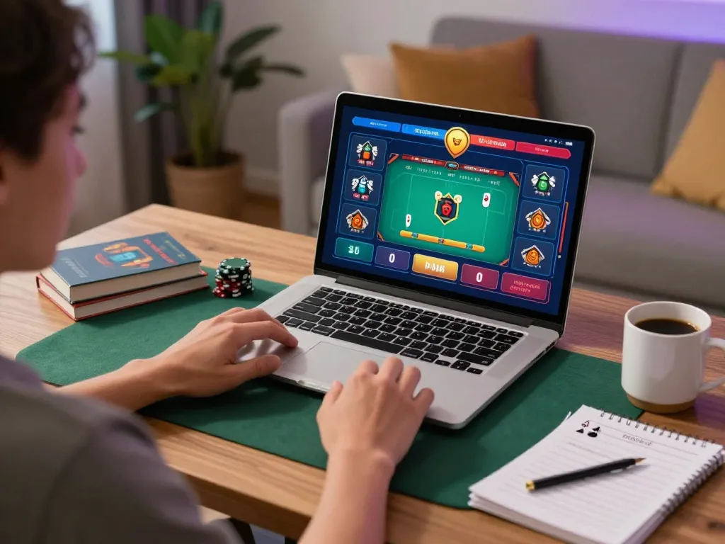 Engaging online casino gaming with 68win, showcasing a player immersed in poker strategy at home.