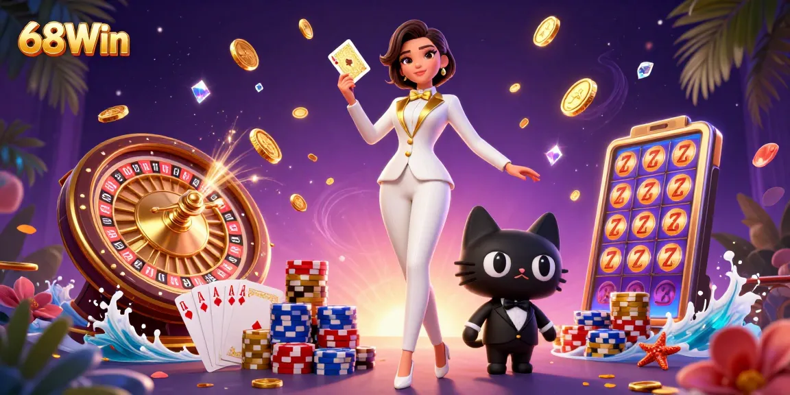 Experience the thrill of 68Win with a glamorous woman shuffling cards amid sparkling casino elements.