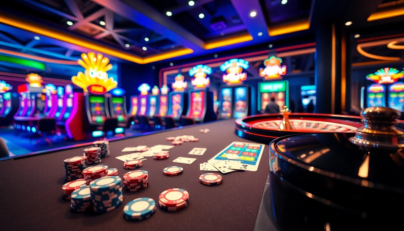 Strategic gameplay at 8kbet, showcasing poker chips and gaming excitement in a lavish casino atmosphere.