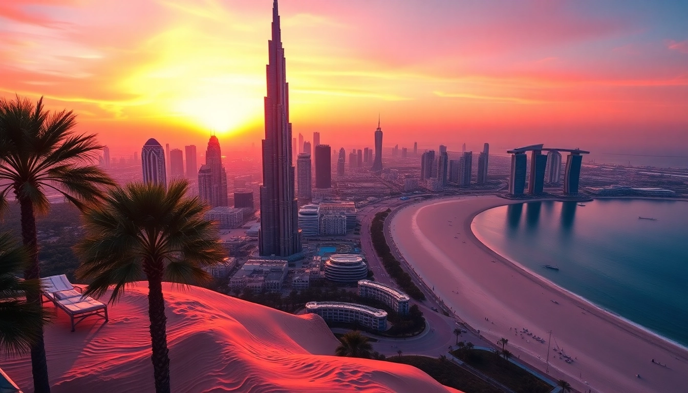 Explore stunning sights as you travel to Dubai, featuring the Burj Khalifa at sunset.