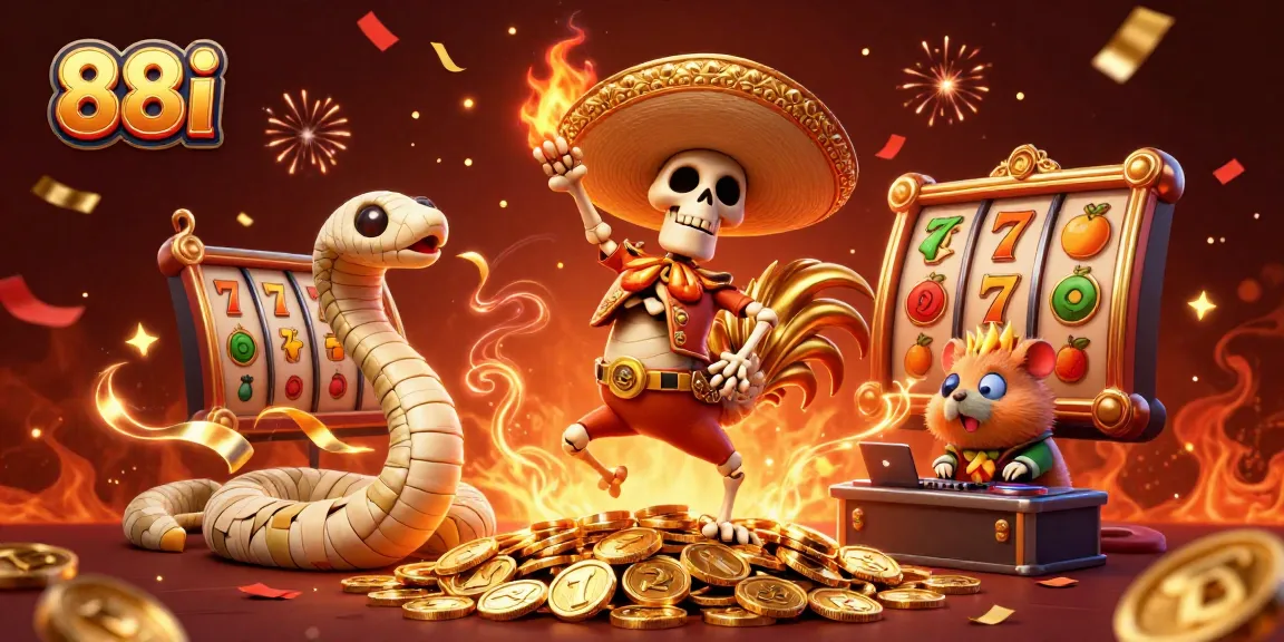 Celebrate and play at 88i with a vibrant scene featuring lucky coins and festive characters.