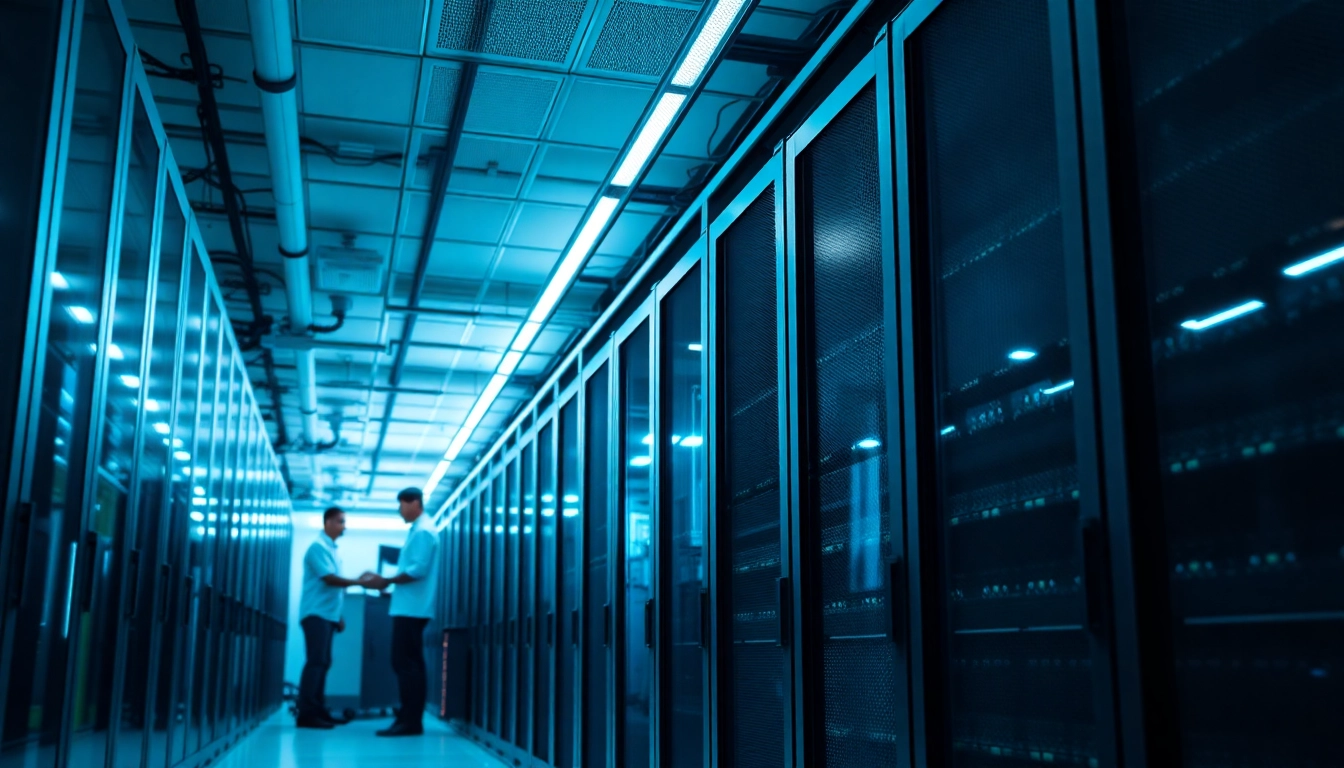 Showcasing cheap colocation in a modern data center with technicians managing servers.