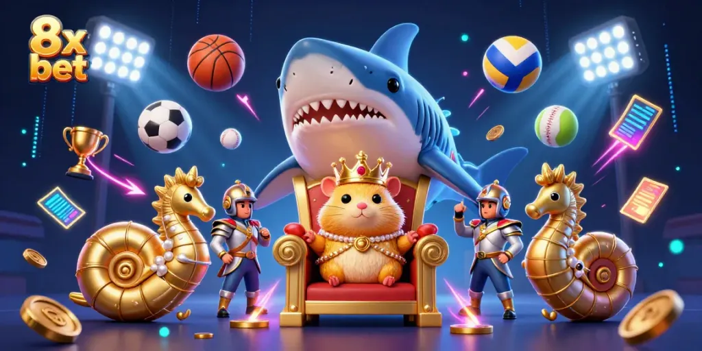 Experience the excitement of 8x bet with a dynamic casino-themed illustration featuring a hamster king and sports elements.