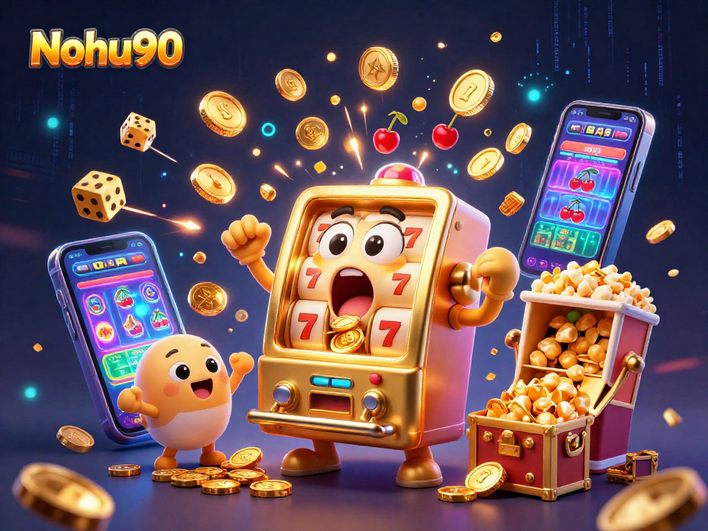 Nohu90 jackpot celebration featuring a lively slot machine scene with coins and confetti.