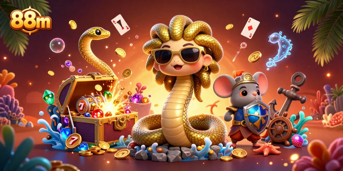 Experience the thrill of 88m online casino with Medusa and her warrior mouse, surrounded by treasure and slot games.