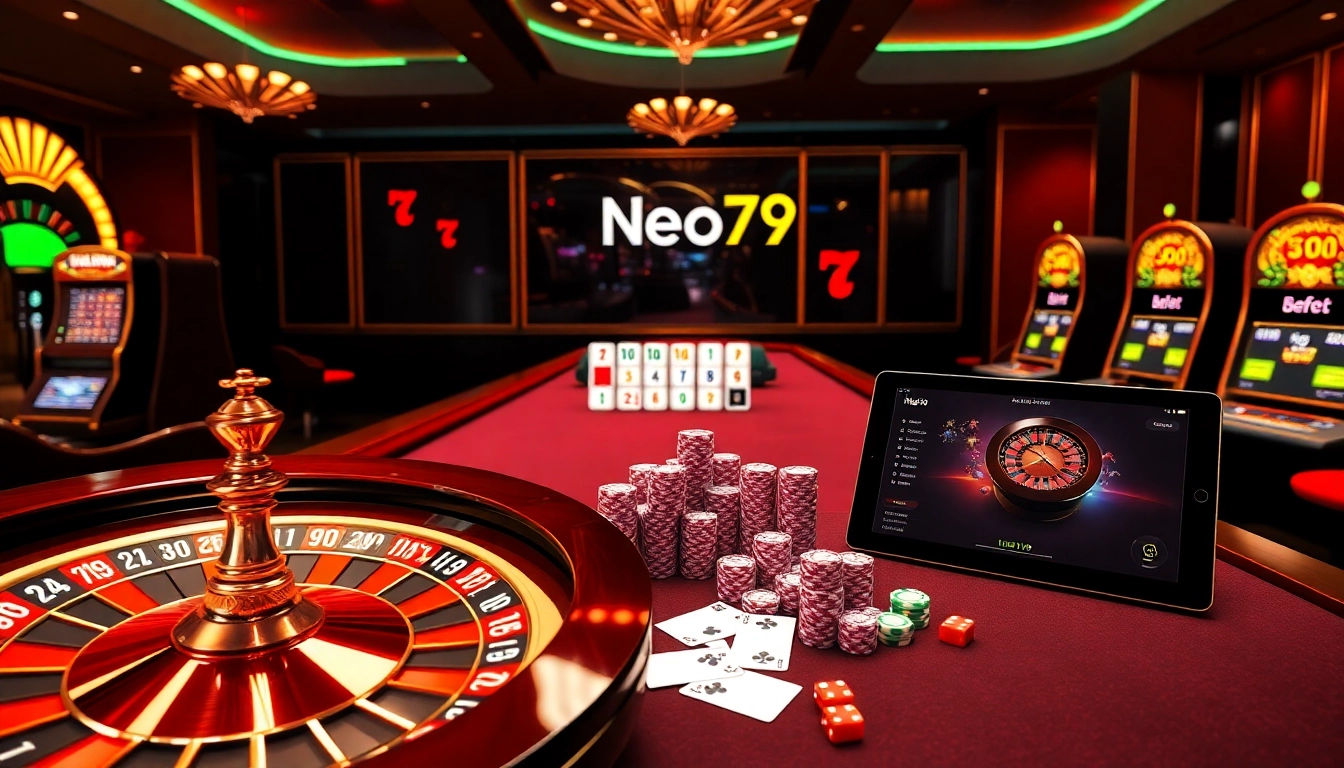 Experience the thrill of gambling at Neo79 with vibrant slot machines and a stylish roulette wheel.