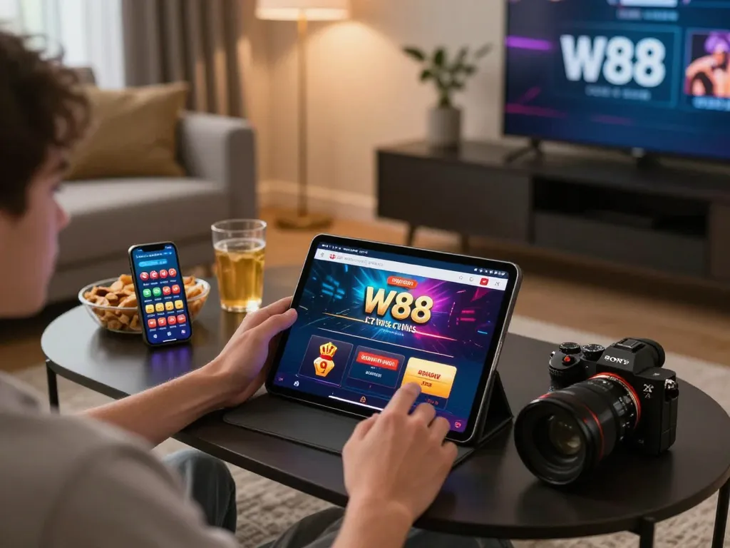 Player using W88 casino app on tablet at home, with snacks and drinks around for a cozy gaming session.