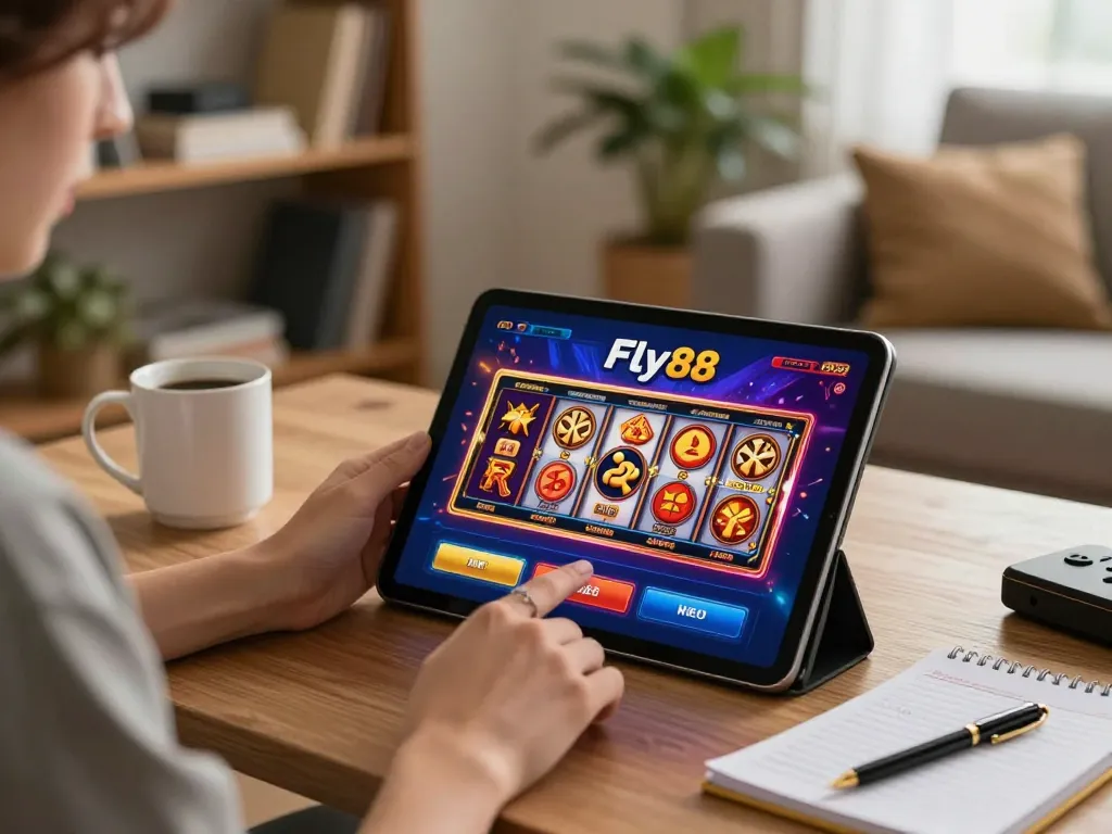 Player engaging with Fly88 online casino on a tablet at home, showcasing responsible gaming practices.