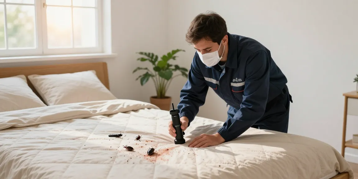 Bed bug heat treatment by a professional technician inspecting a bed for signs of infestation.