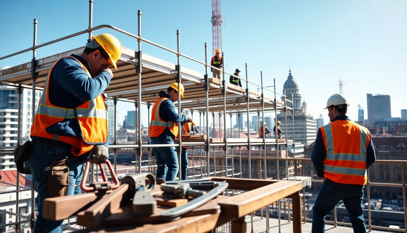Scaffolders Manchester actively constructing a site with detailed scaffolding systems in vibrant urban settings.