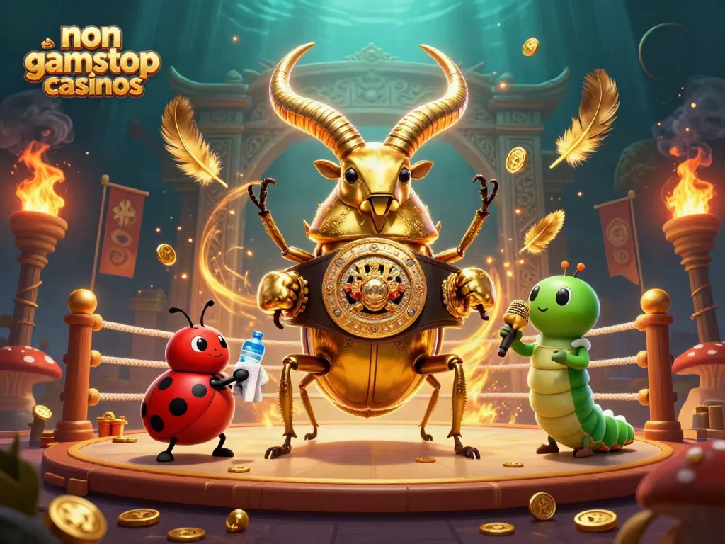 Experience the excitement of non gamstop casinos with a colorful 3D scene of a boxing beetle champion.