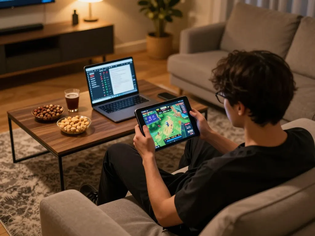 Engaging in game bài đổi thưởng on a tablet with snacks and strategy notes nearby.