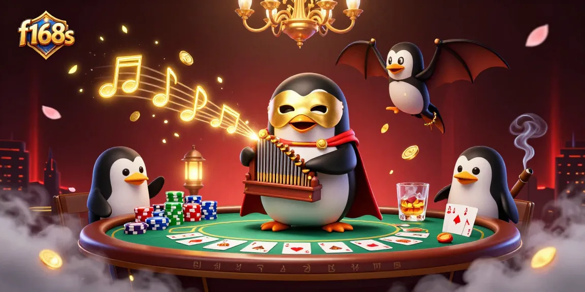 Experience thrilling gaming at f168s with an exhilarating scene of a cartoon penguin in a casino.